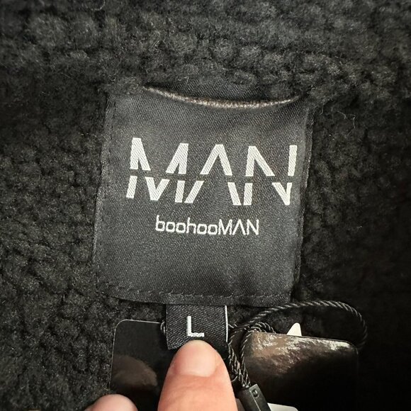 Boohoo Man black faux Leather look and borg bomber jacket men's L - Picture 2 of 7